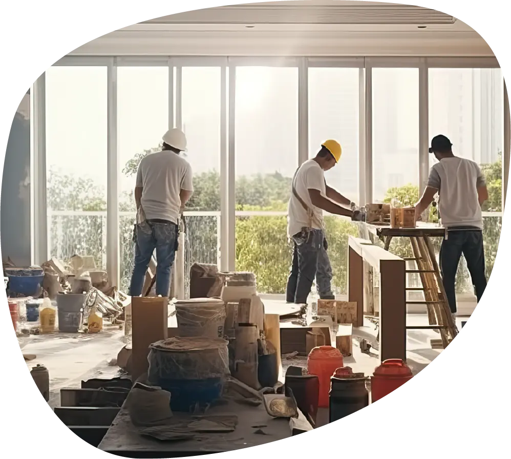 Travaux de rénovation dans un logement avec ouvriers